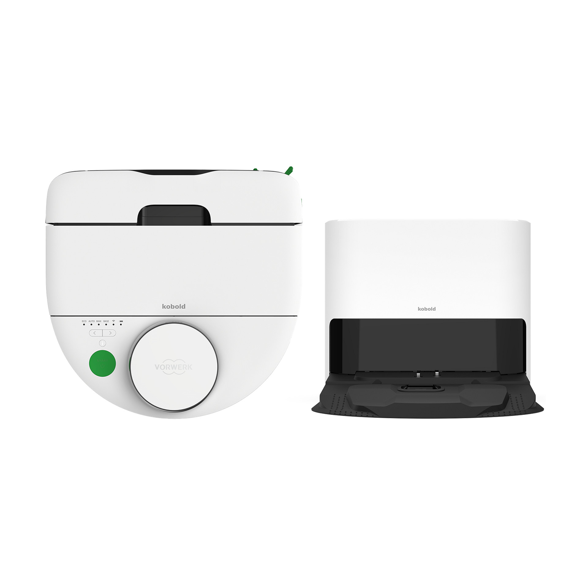 Kobold VR7 Saugroboter und Basisstation in Weiß, nebeneinander vor weißem Hintergrund.