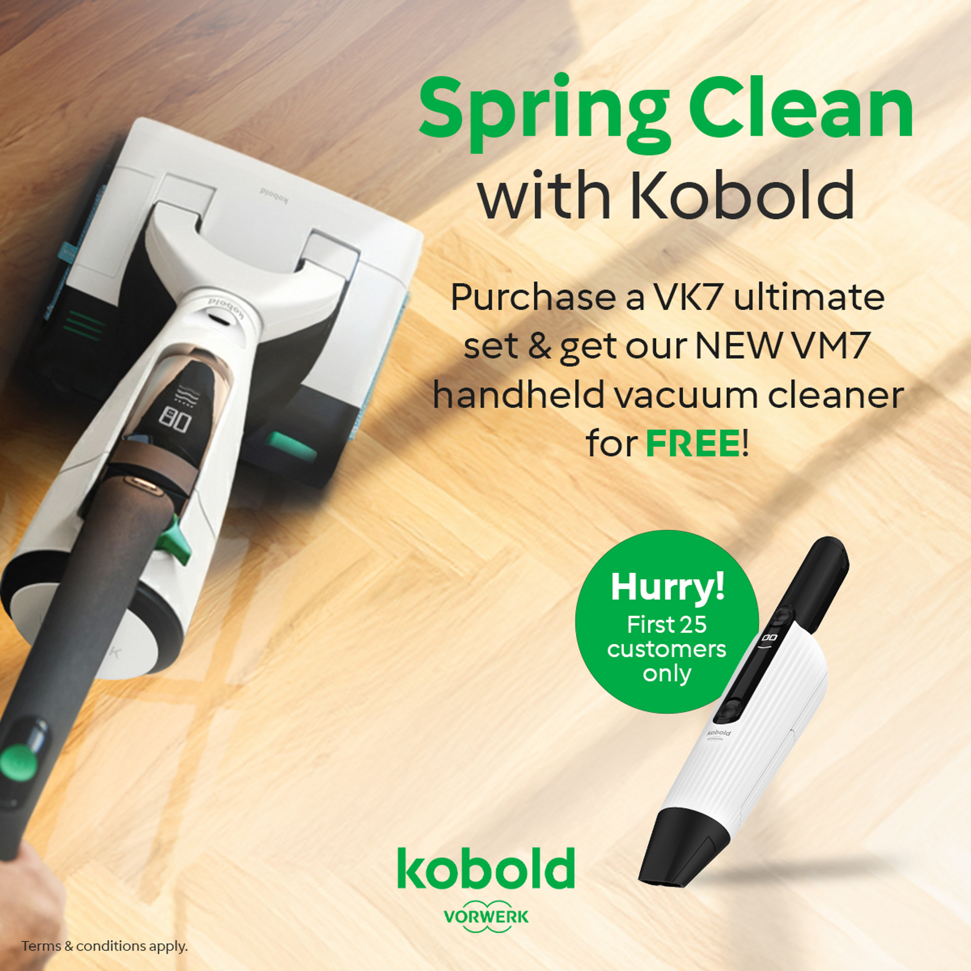 Promotional graphic showing Kobold VK7 and VM7 with offer details for a free handheld vacuum on VK7 ultimate set purchase.