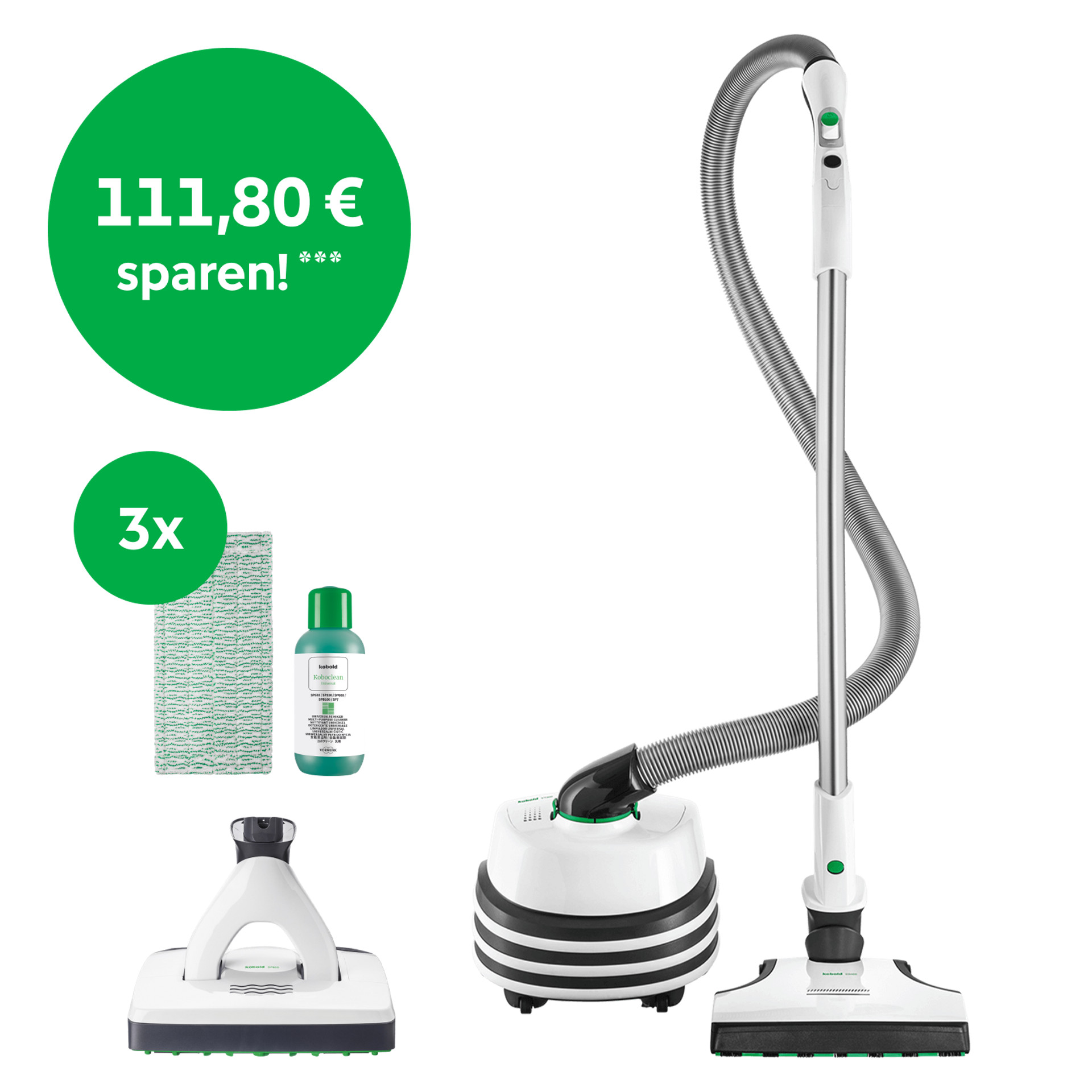 Kobold VT300 Bodenstaubsauger mit Zubehör: SP600 Saugwischer, 3 Reinigungstücher und Reinigungslösung. 111,80 € sparen.
