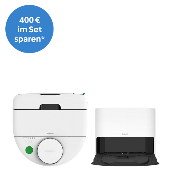 Kobold VK7 Akku Staubsauger Kobold VR7 Saugroboter mit Basis Reinigungs Set 400 im Set sparen Hinweis Vorderansicht