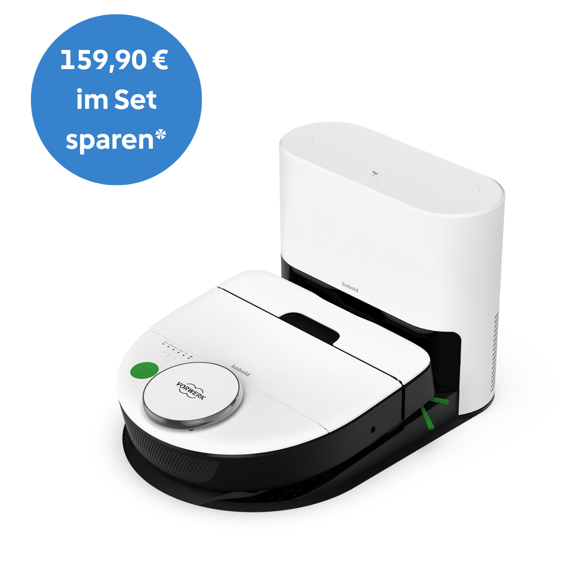 Kobold VR7 Saugroboter auf Ladestation mit Spar-Badge „159,90 € im Set sparen*“ oben links.