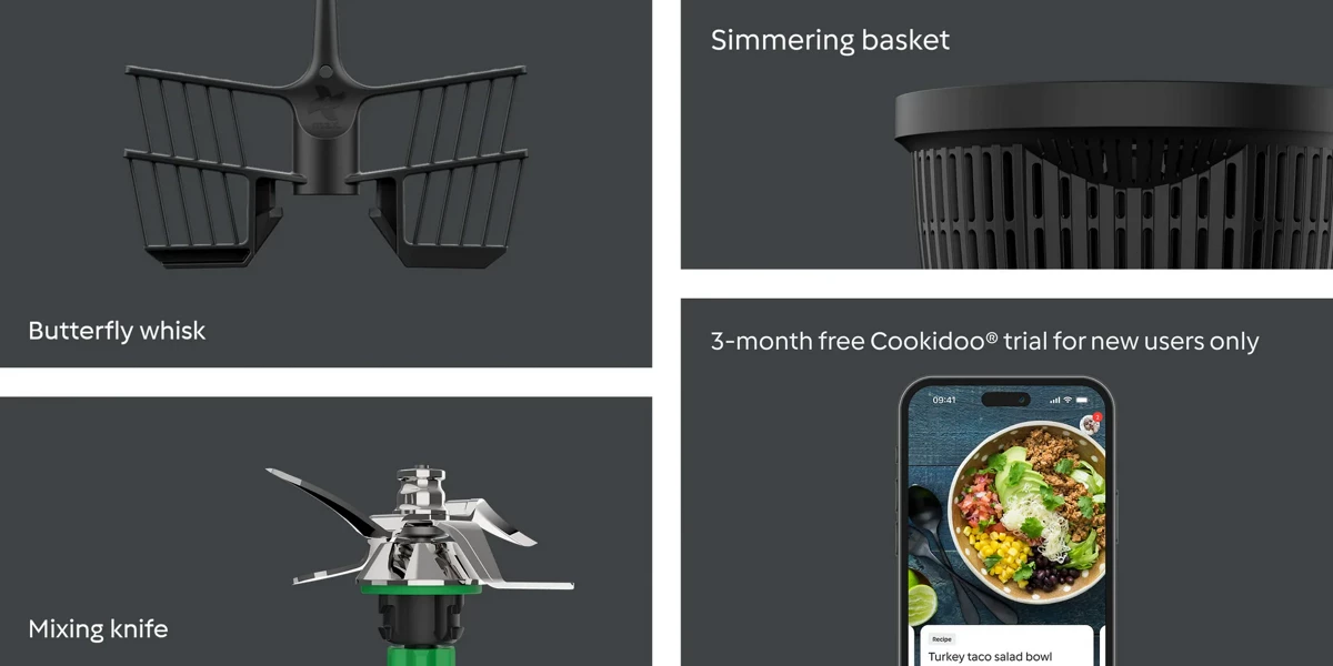 Butterfly whisk, Simmering basket, Mixing knife and 3-month Cookidoo trial