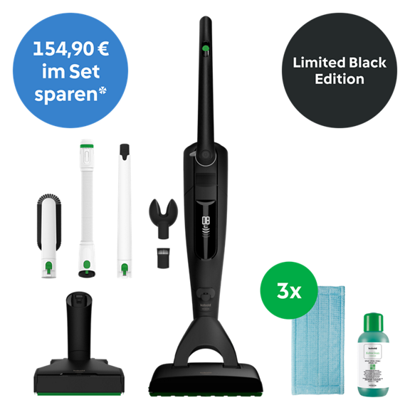 Kobold VK7 Akku Staubsauger mit SP7 Saugwischer Set Special Edition Black mit Reinigungslösung Tüchern und Sparhinweis