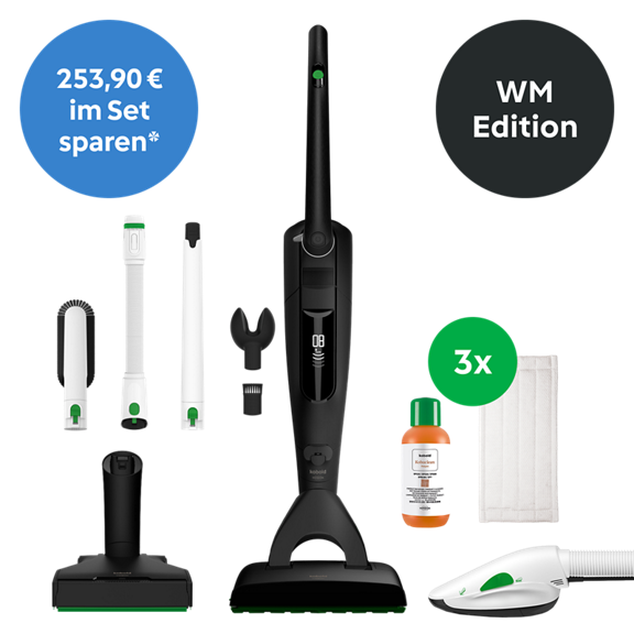 Kobold VK7 Akku Staubsauger mit EB7 Elektrobürste Special Edition Black WM Edition Set mit PB7 Zubehör Reinigungslösung und Tüchern