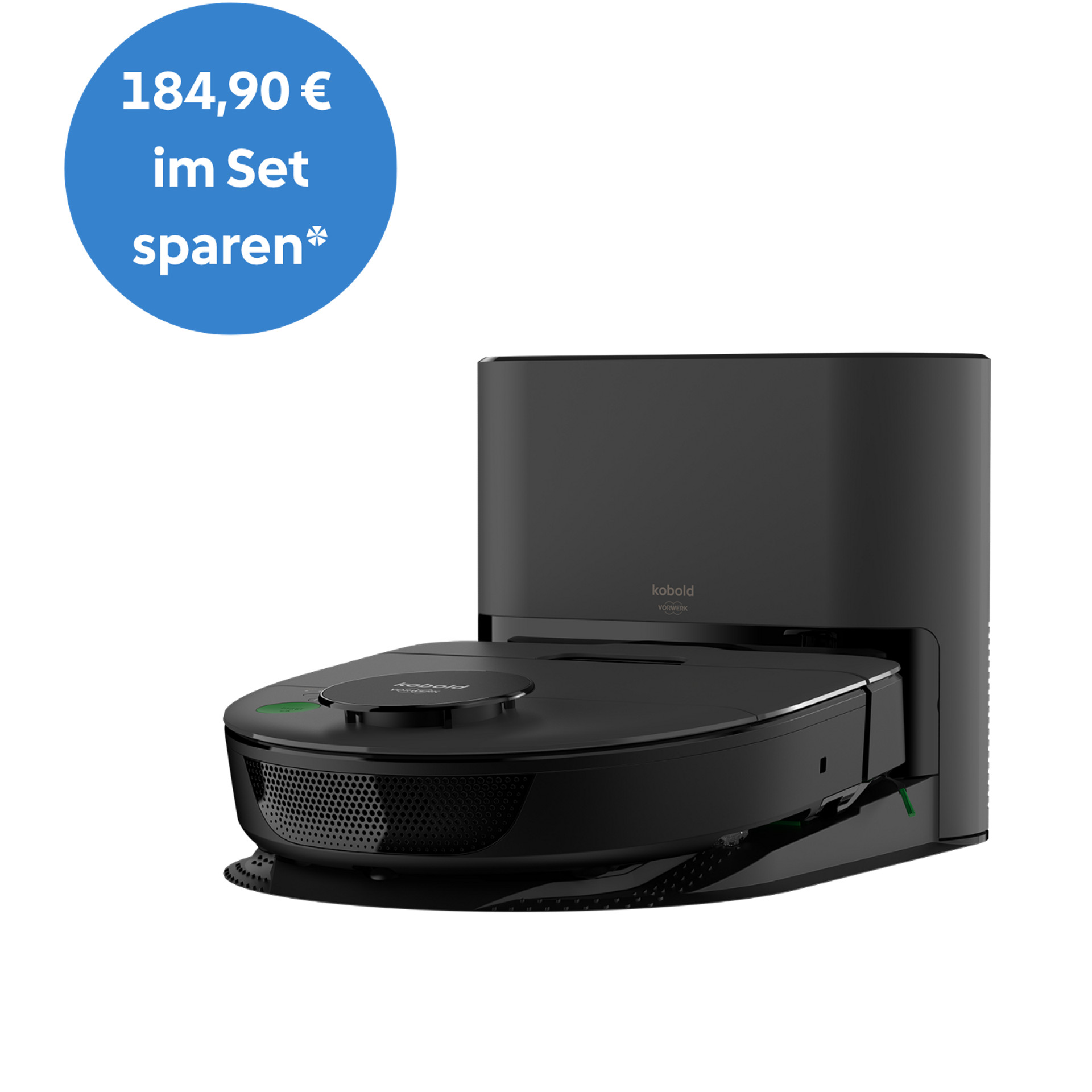 Kobold VR7 Saugroboter in Ladestation, blauer Kreis zeigt 184,90 € Ersparnis im Set.