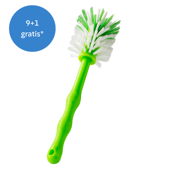 Grüner Reinigungsbürste mit weißen Borsten blauer Kreis mit 9 1 gratis Hinweis
