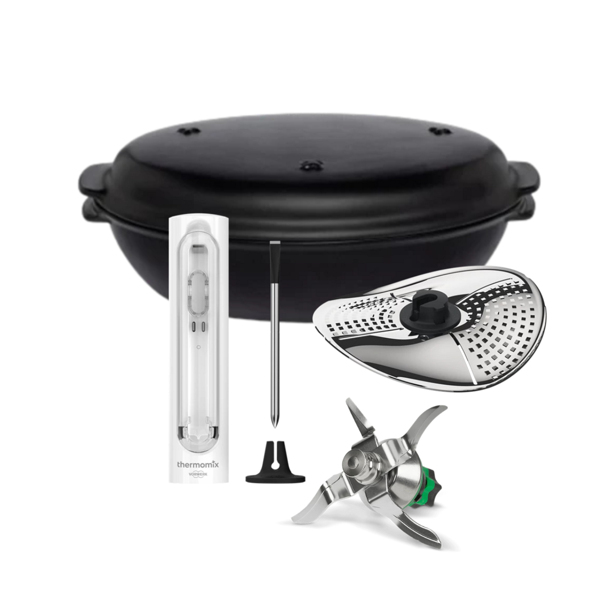 Thermomix® TM6 Zubehörset mit Varoma, Sensor, Welle mit Peeler, Spatel und Mixmesser.