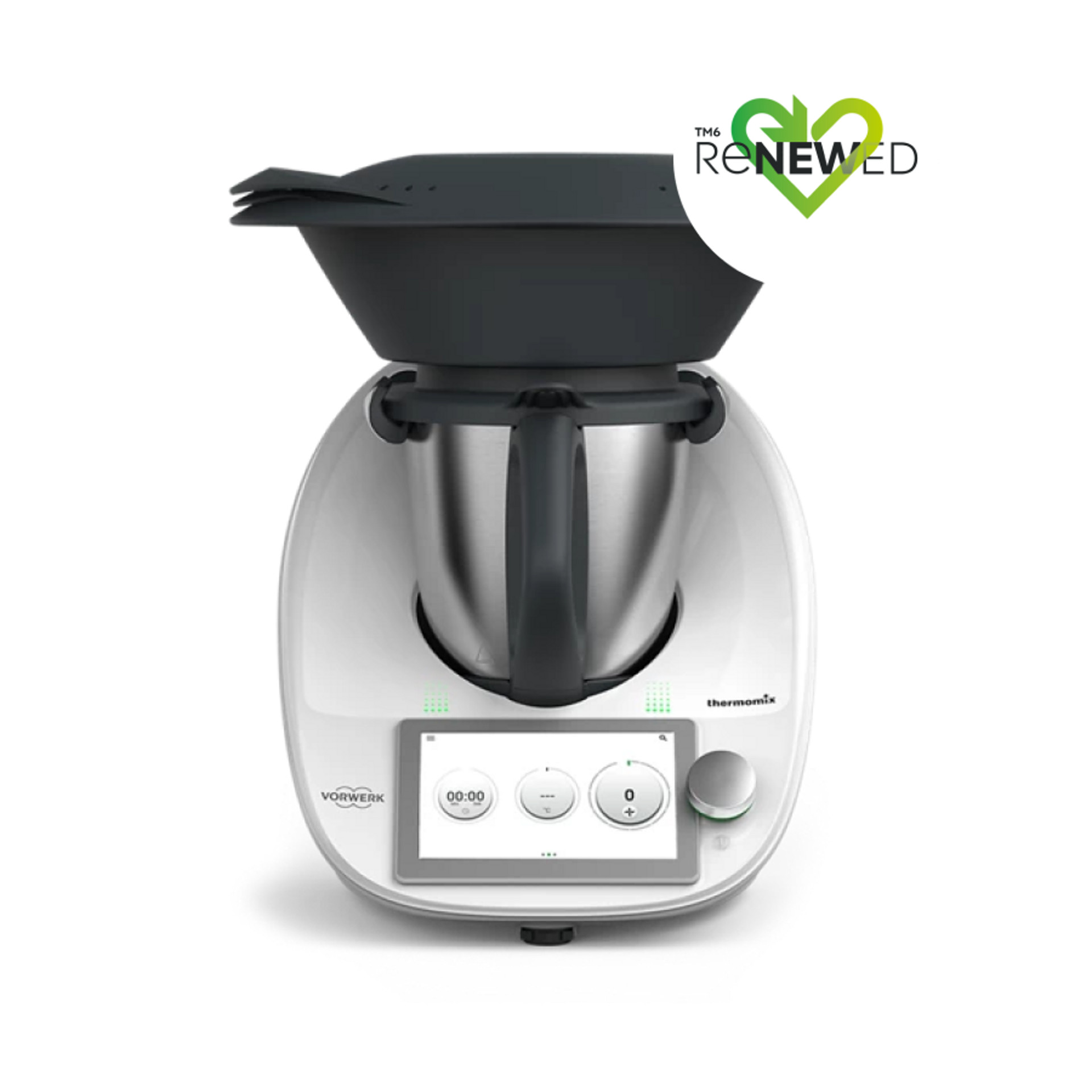 Thermomix® TM6 mit Varoma und TM6 Renewed Logo, Vorderansicht.