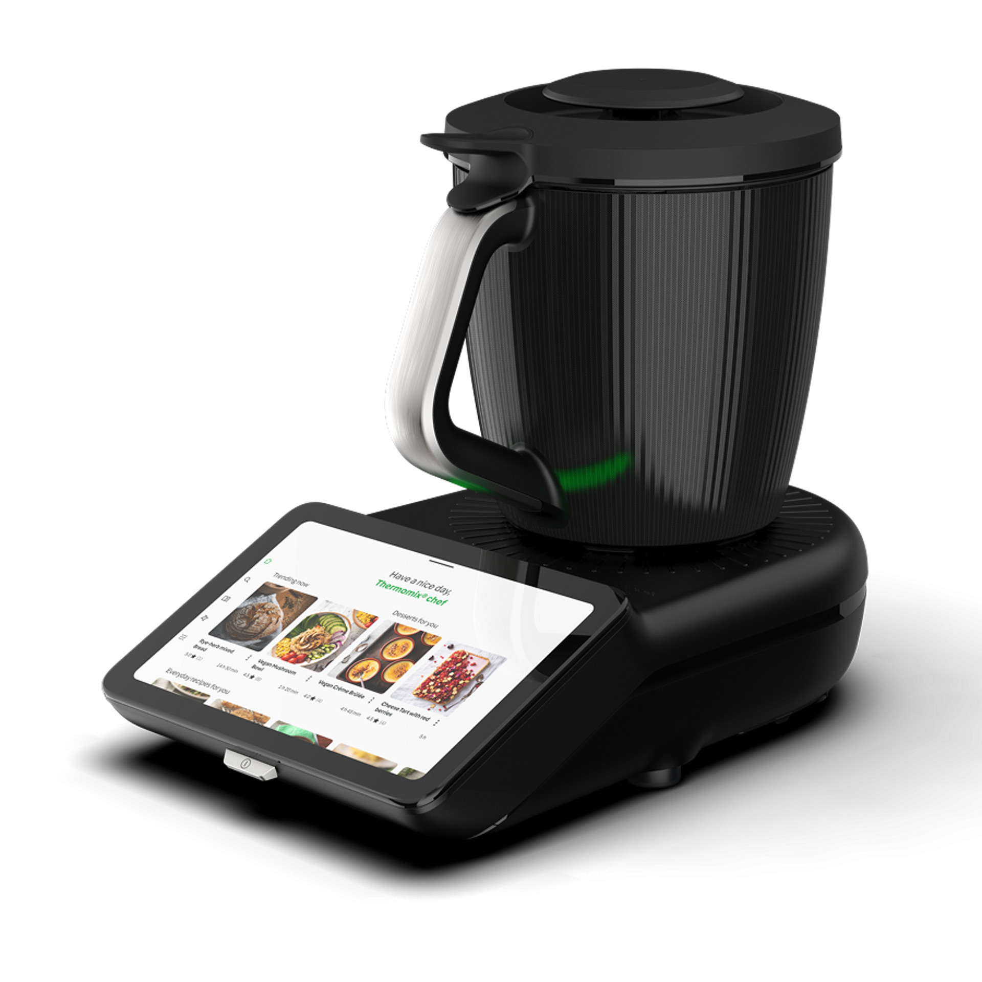 Thermomix® TM7 with black mixing bowl and handle, touchscreen display shows recipe selection interface.