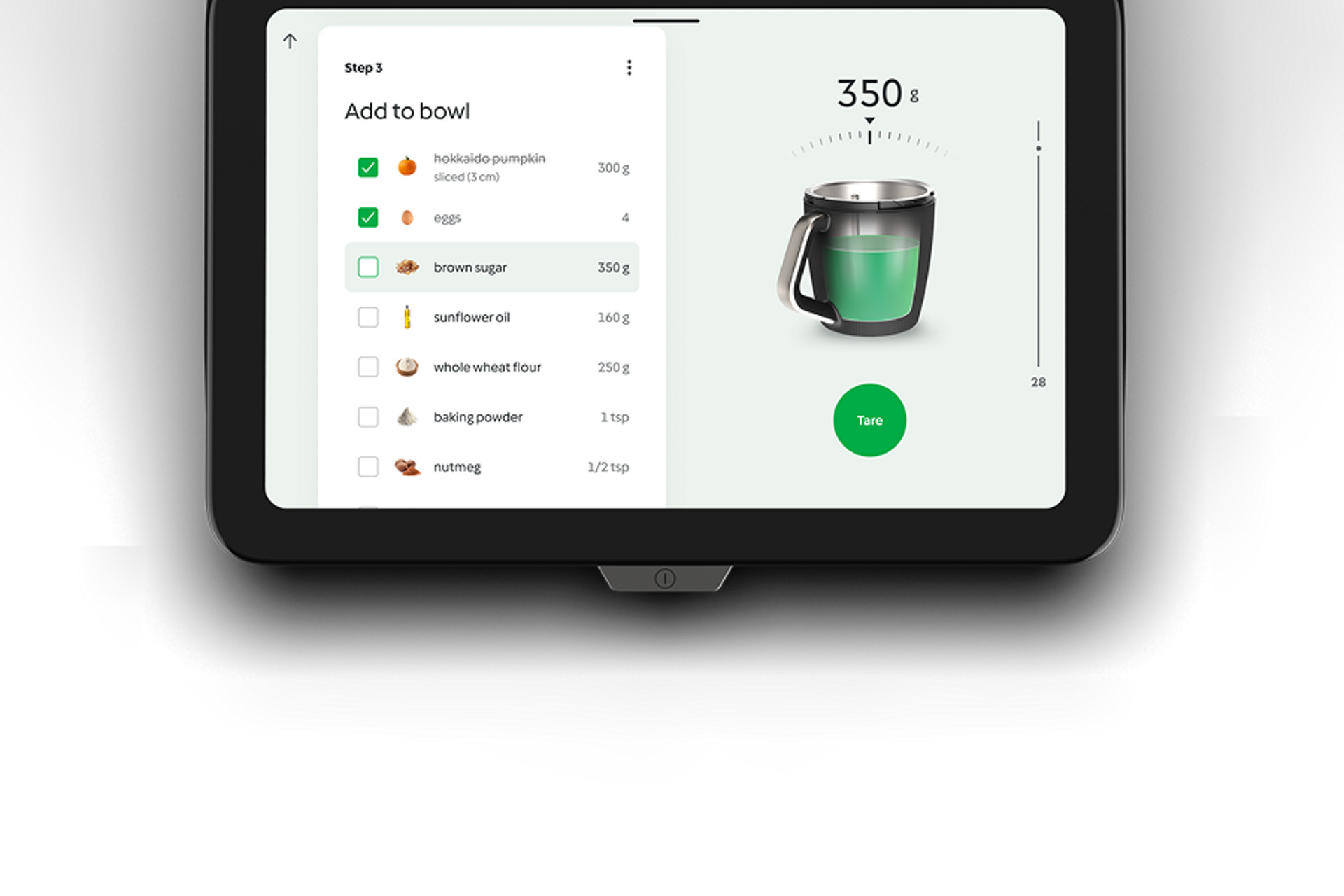 Touchscreen display of Thermomix® TM7 showing a recipe step and ingredient weights on the integrated scale.