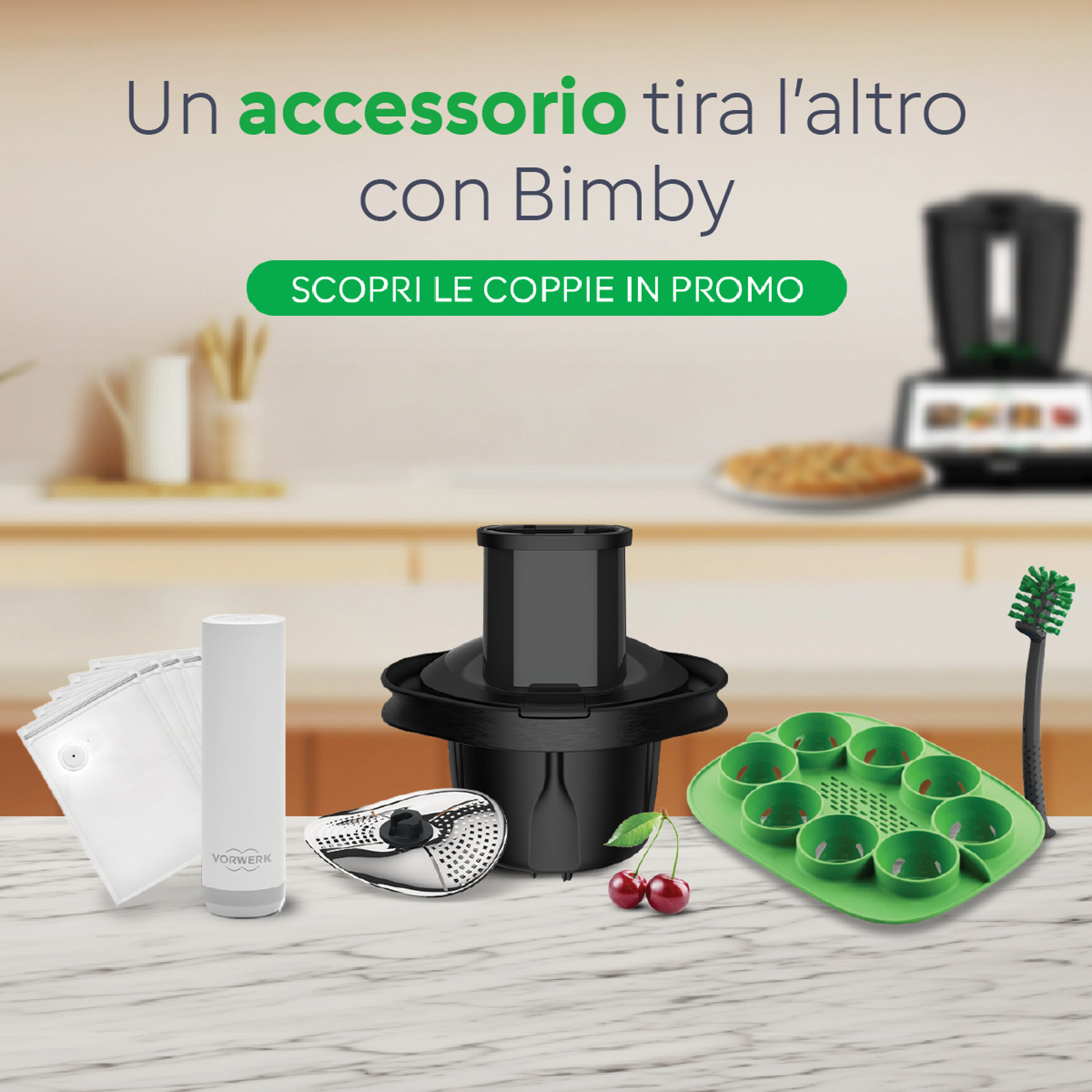 Accessori Bimby TM7 inclusi Bimby Affettatutto Plus, Bimby Sensor, Copri Lame e Pelapatate, sacchetti, pennello e stampo.