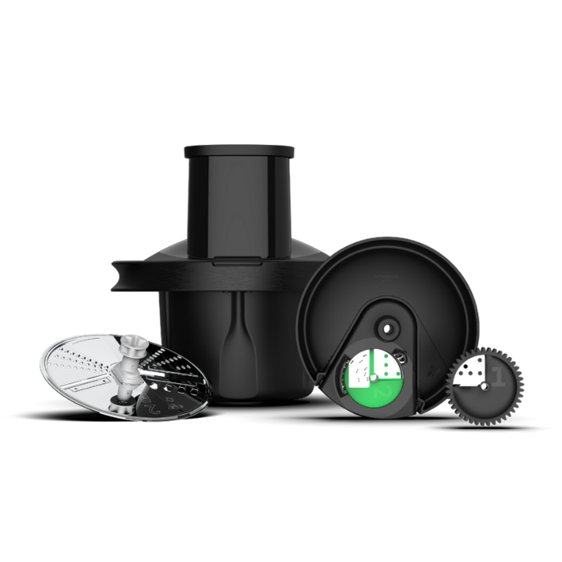 Bimby Affettatutto Plus per Bimby TM7 con dischi per affettare e grattugiare e corpo principale, smontati.