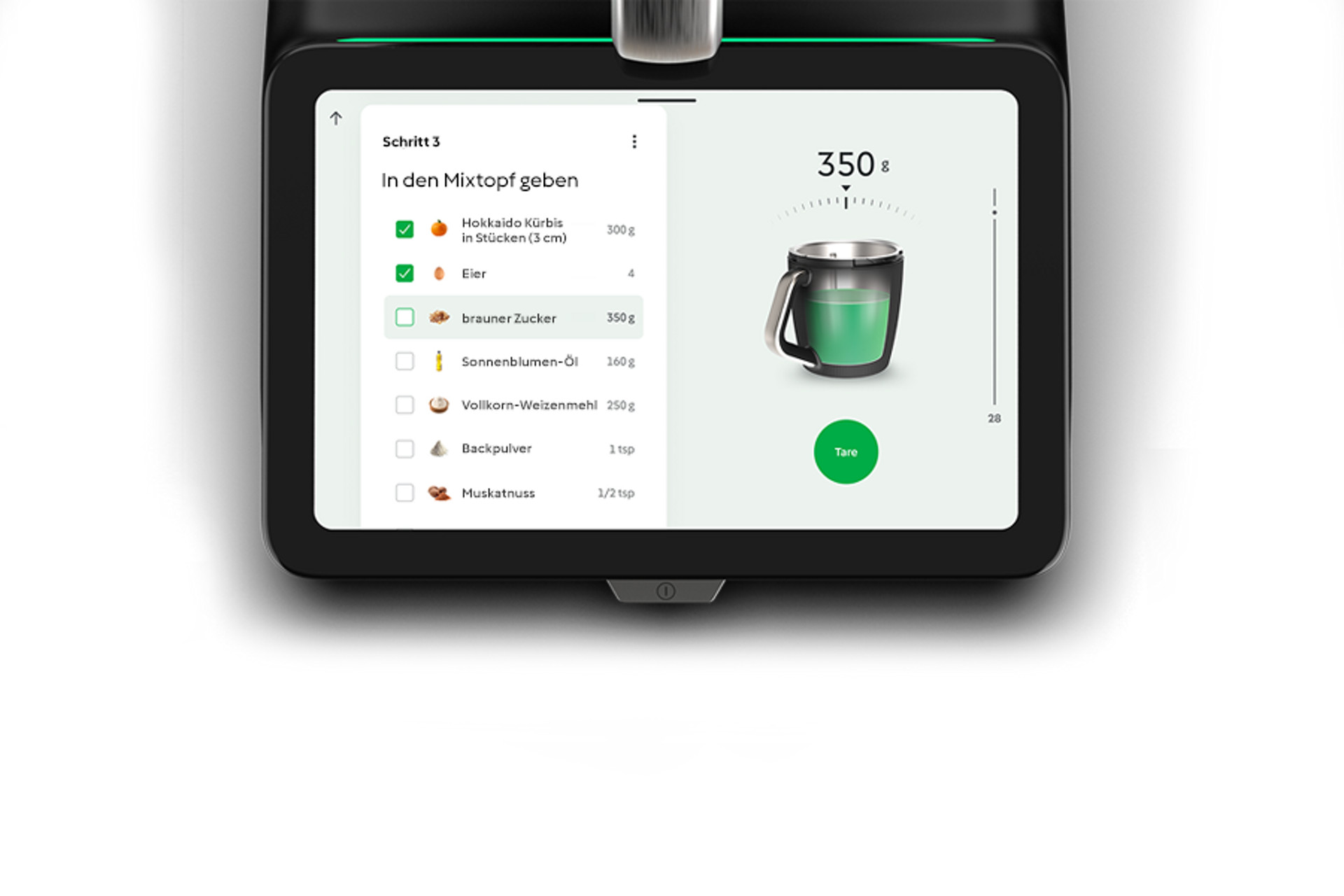 Thermomix® TM7 Touchscreen mit Rezeptschritt, Zutatenliste und integrierter Waage zeigt 350 Gramm an.
