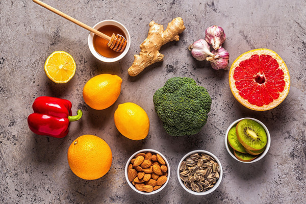 Healthy products for Immunity boosting and cold remedies, top view.