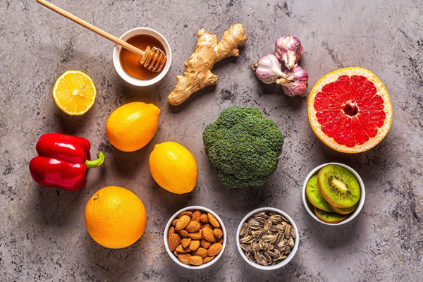 Healthy products for Immunity boosting and cold remedies, top view.