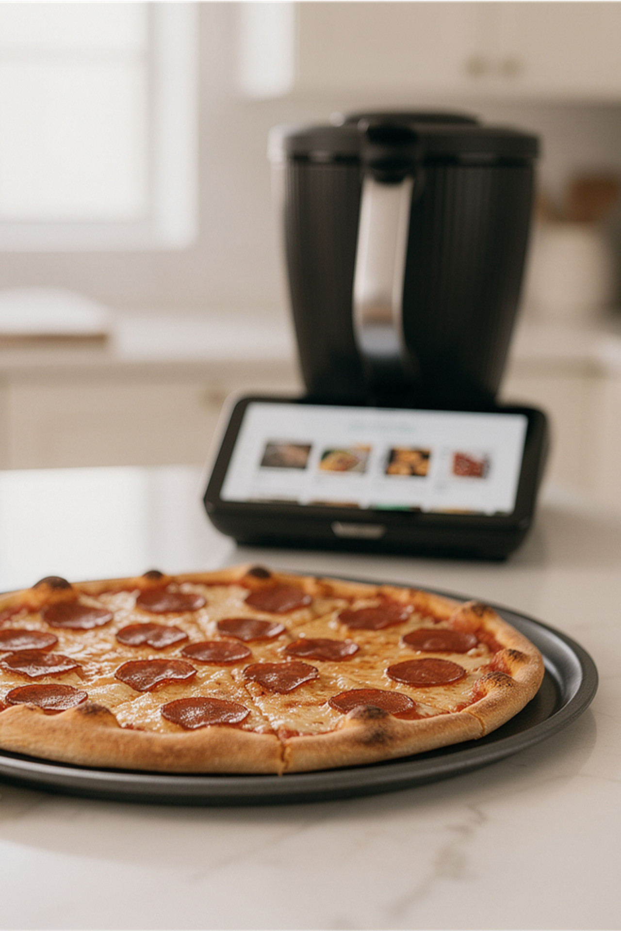 Pizza recién horneada con pepperoni en una bandeja y un Thermomix® TM7 en la encimera de la cocina al fondo.