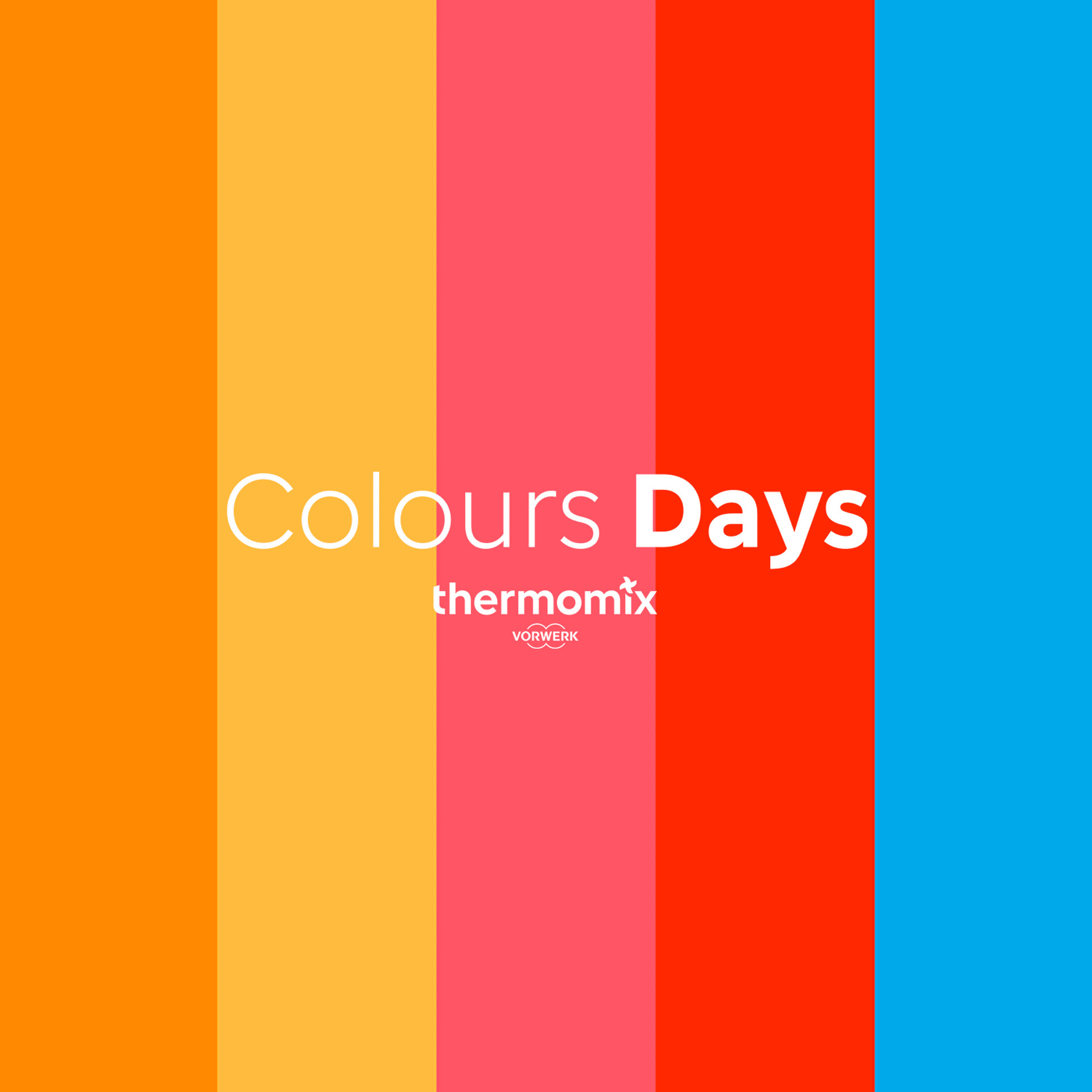 Franjas verticales naranja, amarillo, rosa, rojo y azul con “Colours Days” y logo Thermomix® TM6 en el centro.