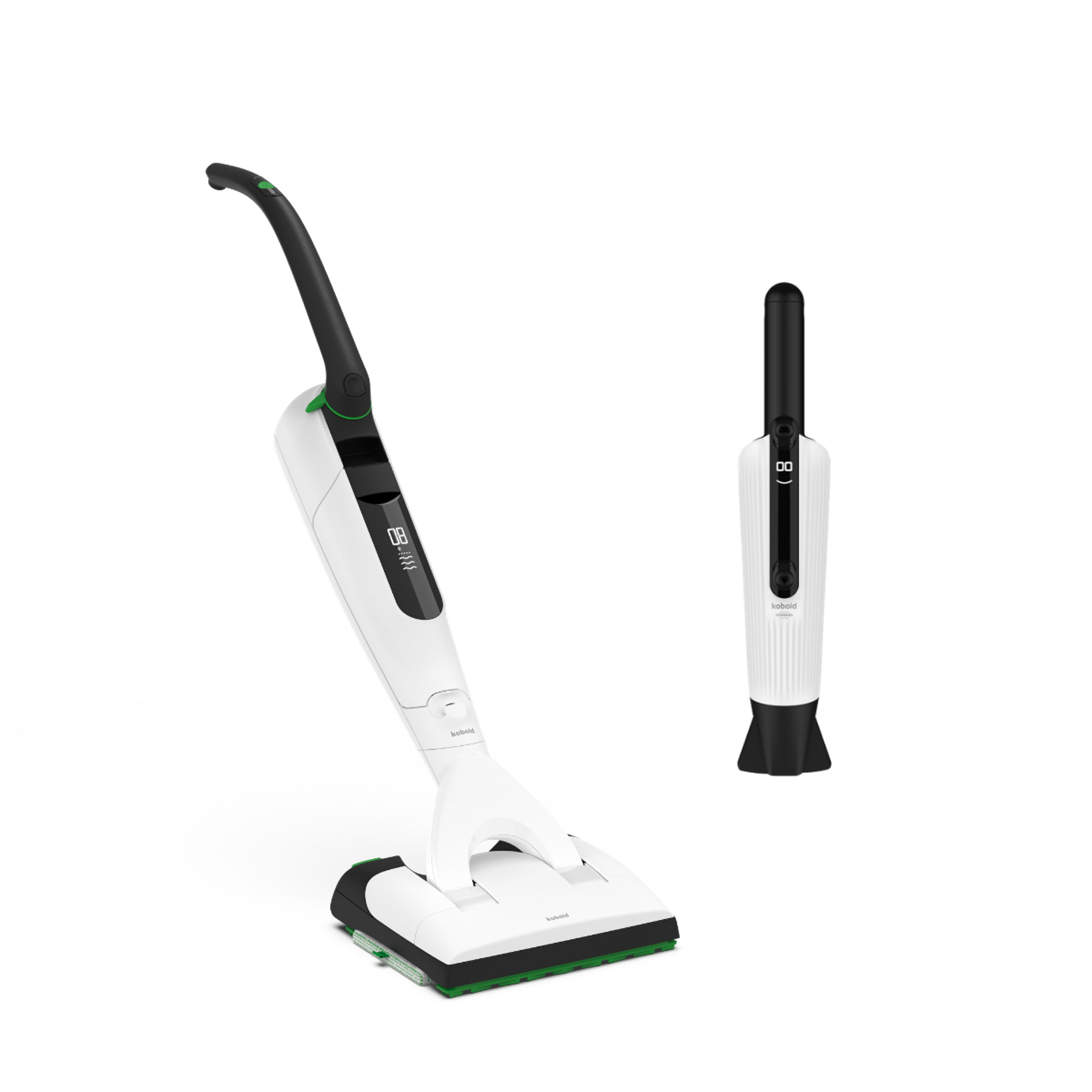 Aspirateur laveur sans fil Kobold VK7 avec brosse DuoSpeed SP7 et aspirateur de table Kobold VM7 côte à côte sur fond blanc.