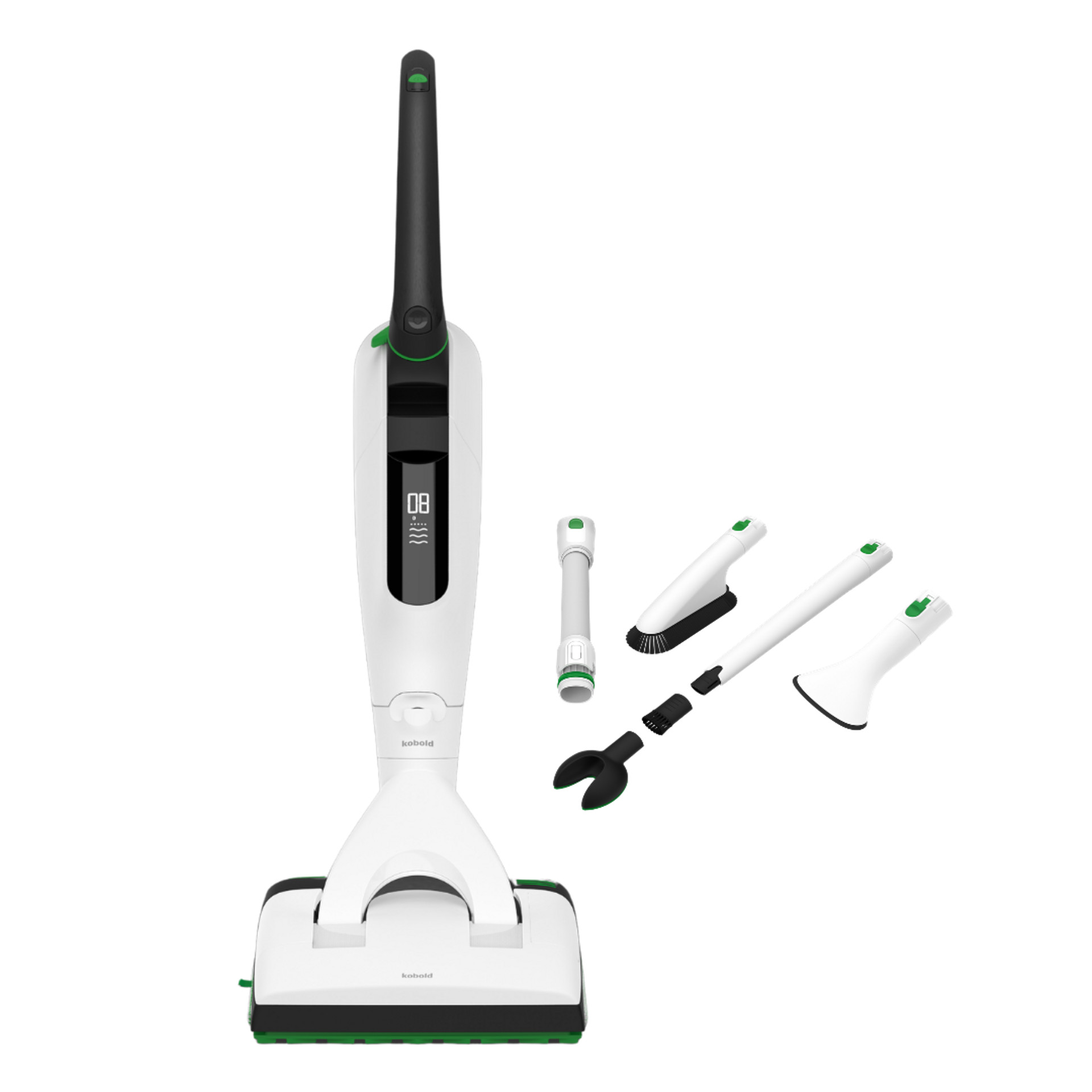 Aspirateur laveur sans fil Kobold VK7 avec brosse DuoSpeed SP7 et cinq accessoires blancs à droite.