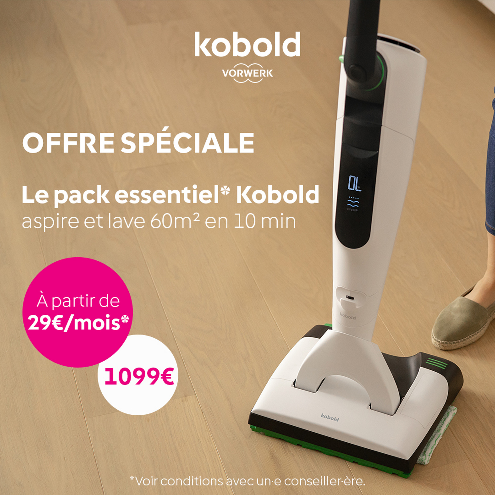 Aspirateur laveur sans fil Kobold VK7 avec brosse DuoSpeed SP7 nettoie un sol en bois; offre spéciale affichée.