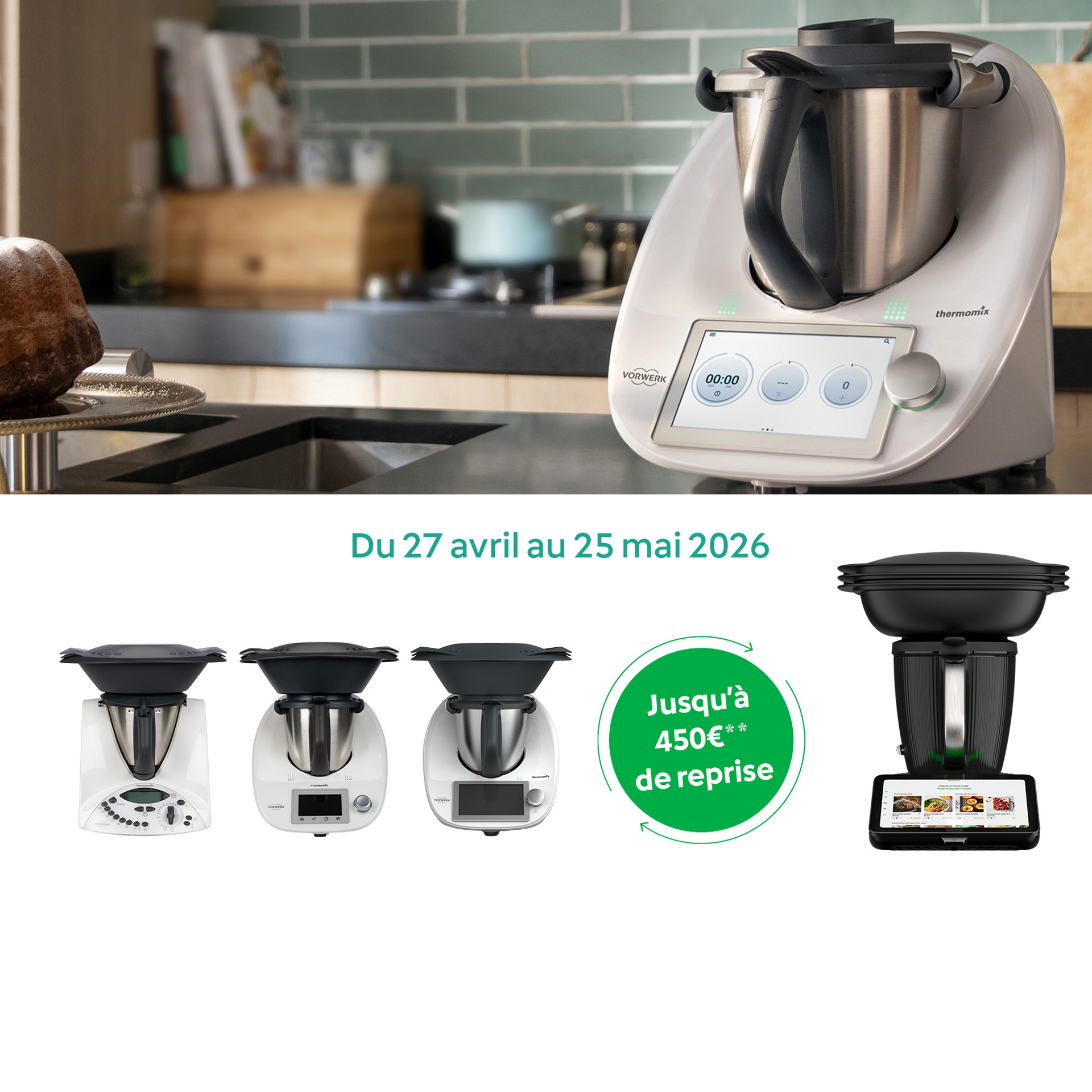 Thermomix® TM6 sur un plan de travail avec un gâteau et des bouteilles, offre de reprise pour anciens modèles et Thermomix® TM7.