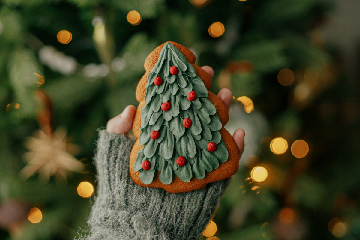Winter holidays. Hand holding christmas tree gingerbread cookie on background of christmas tree with lights. Cozy home, atmospheric winter time. Merry Christmas!