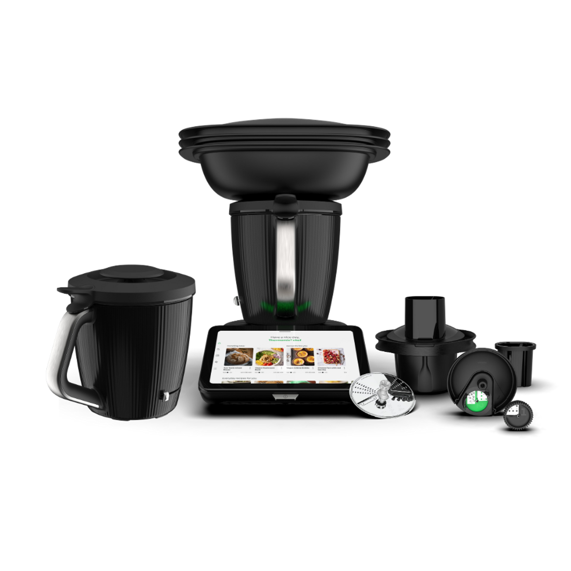 Thermomix® TM7 avec Varoma, bol supplémentaire et accessoires Découpe-Minute+ tous en noir.