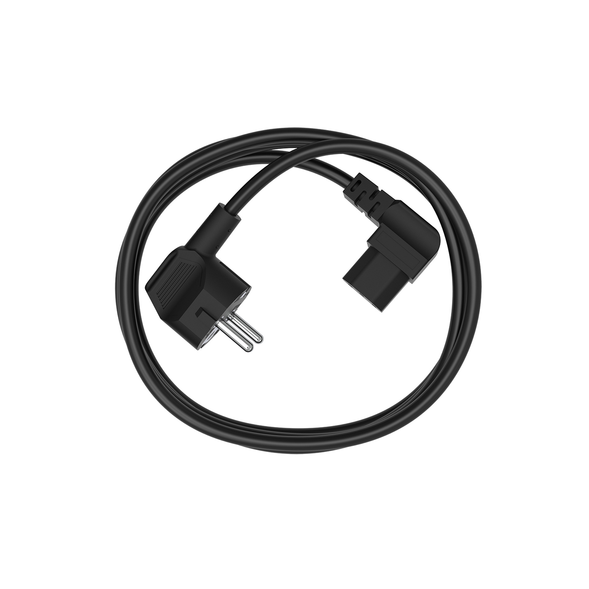 Câble d'alimentation noir avec prise coudée, adapté pour connecter des appareils électroménagers à une prise.