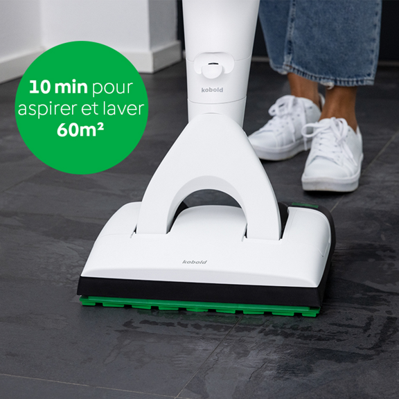 Aspirateur laveur sans fil Kobold VK7 avec brosse DuoSpeed SP7 nettoie sol carrelé personne à proximité Texte d efficacité