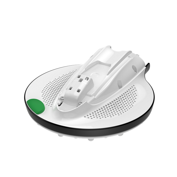 Base de recharge du robot aspirateur VR7 avec bouton vert et contacts de chargement