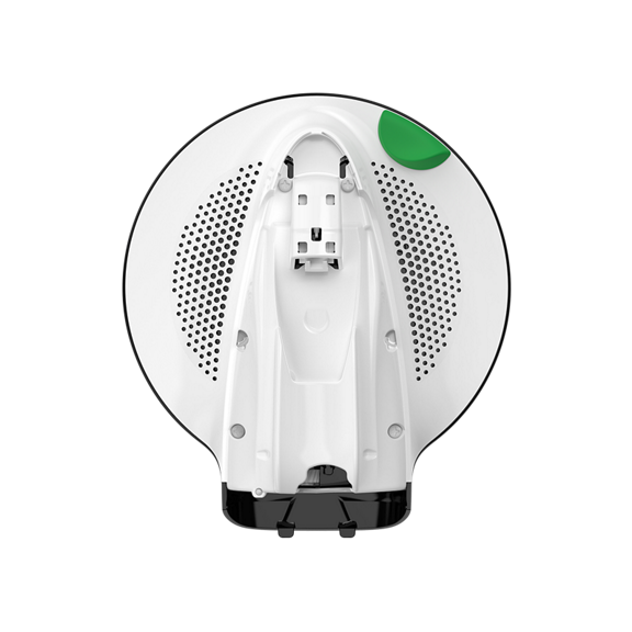Robot aspirateur VR7 vu de dessous montrant les détails de la face inférieure et de la roue principale