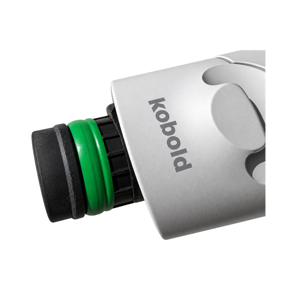 Gros plan sur un connecteur d accessoire Kobold avec anneau vert et extérieur gris