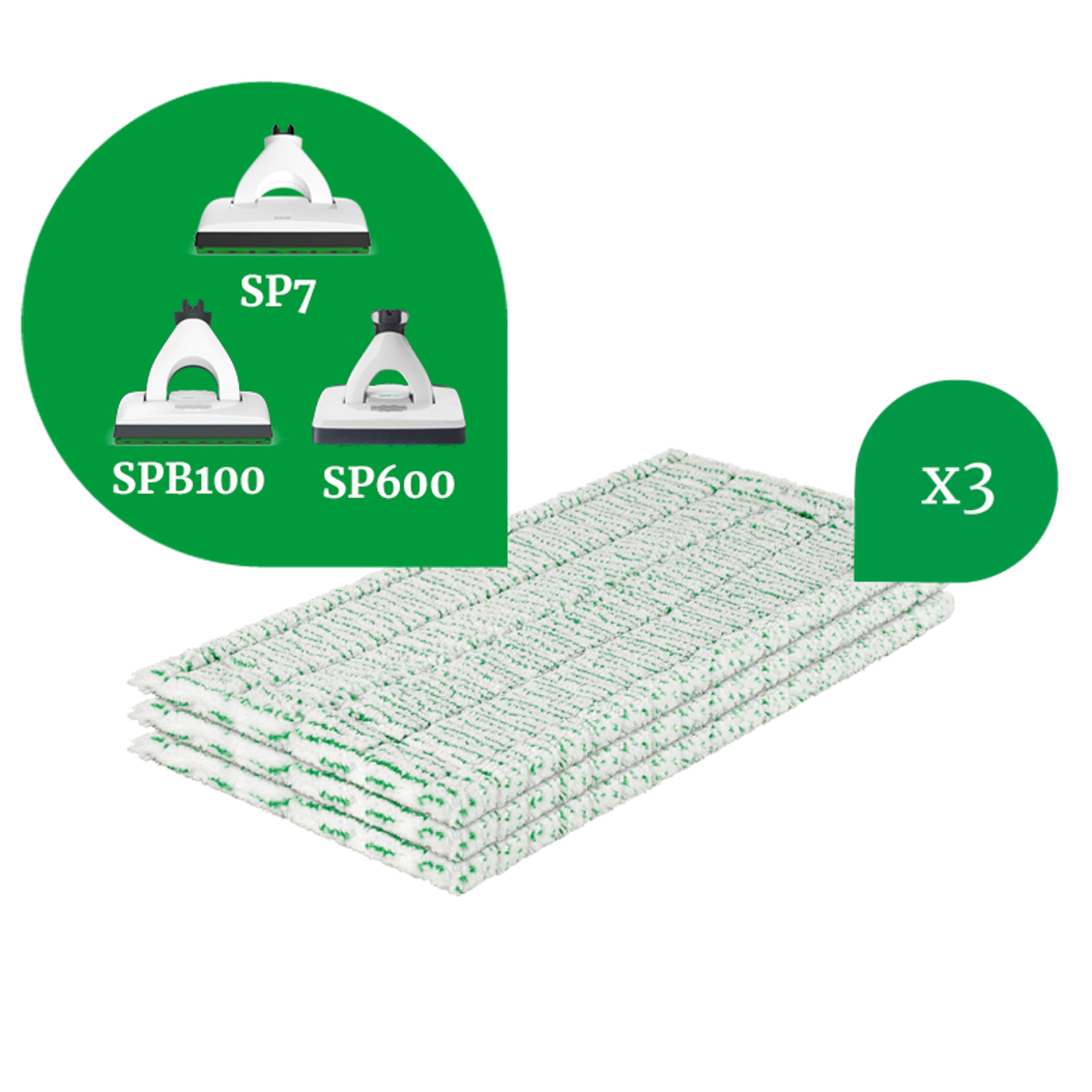 Trois lingettes de nettoyage Kobold compatibles avec SP7, SPB100 et SP600, empilées sur fond blanc.