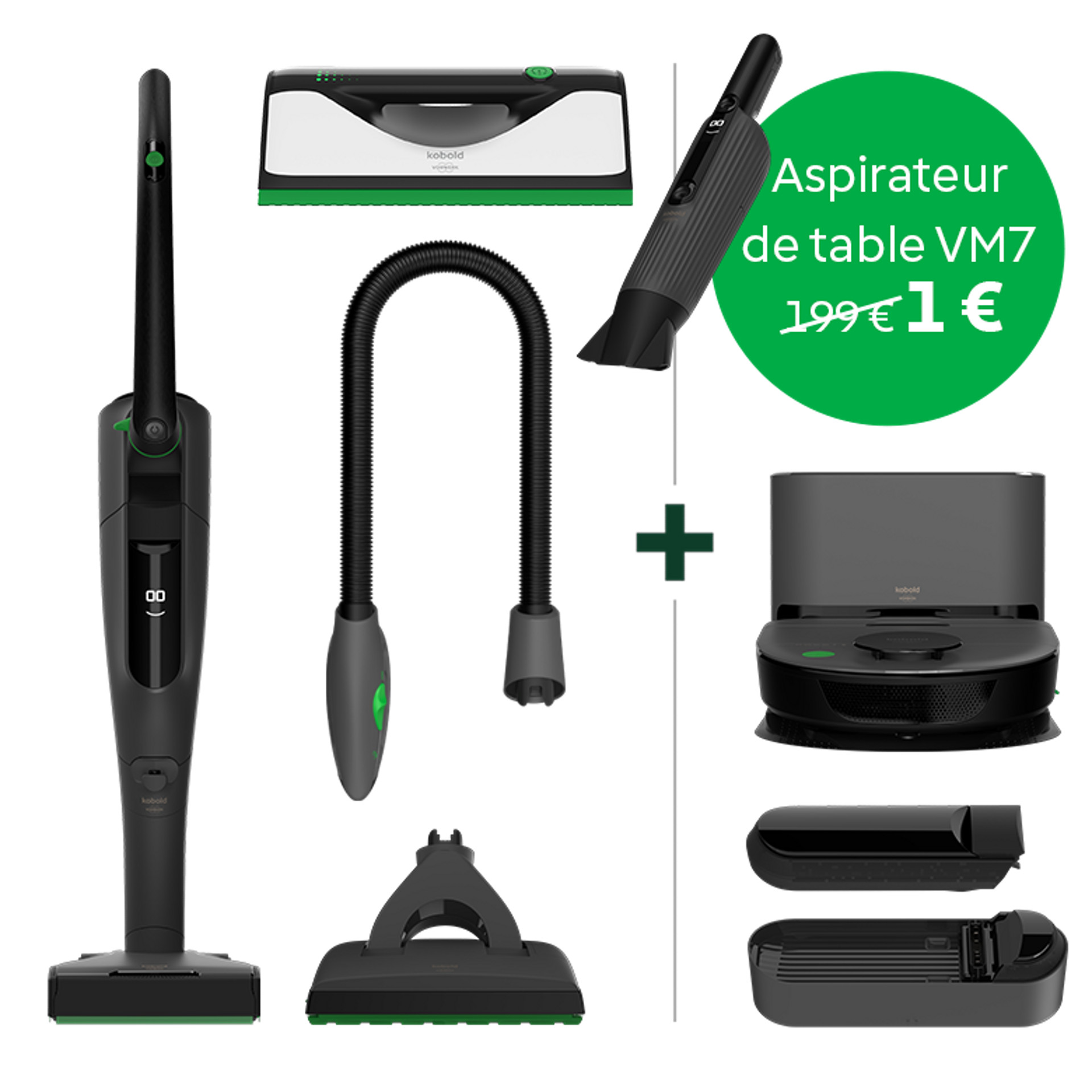 Aspirateur sans fil Kobold VK7, nettoyeur de vitres VG100+, aspirateur de table VM7, PB7, VR7 et accessoires en promotion.