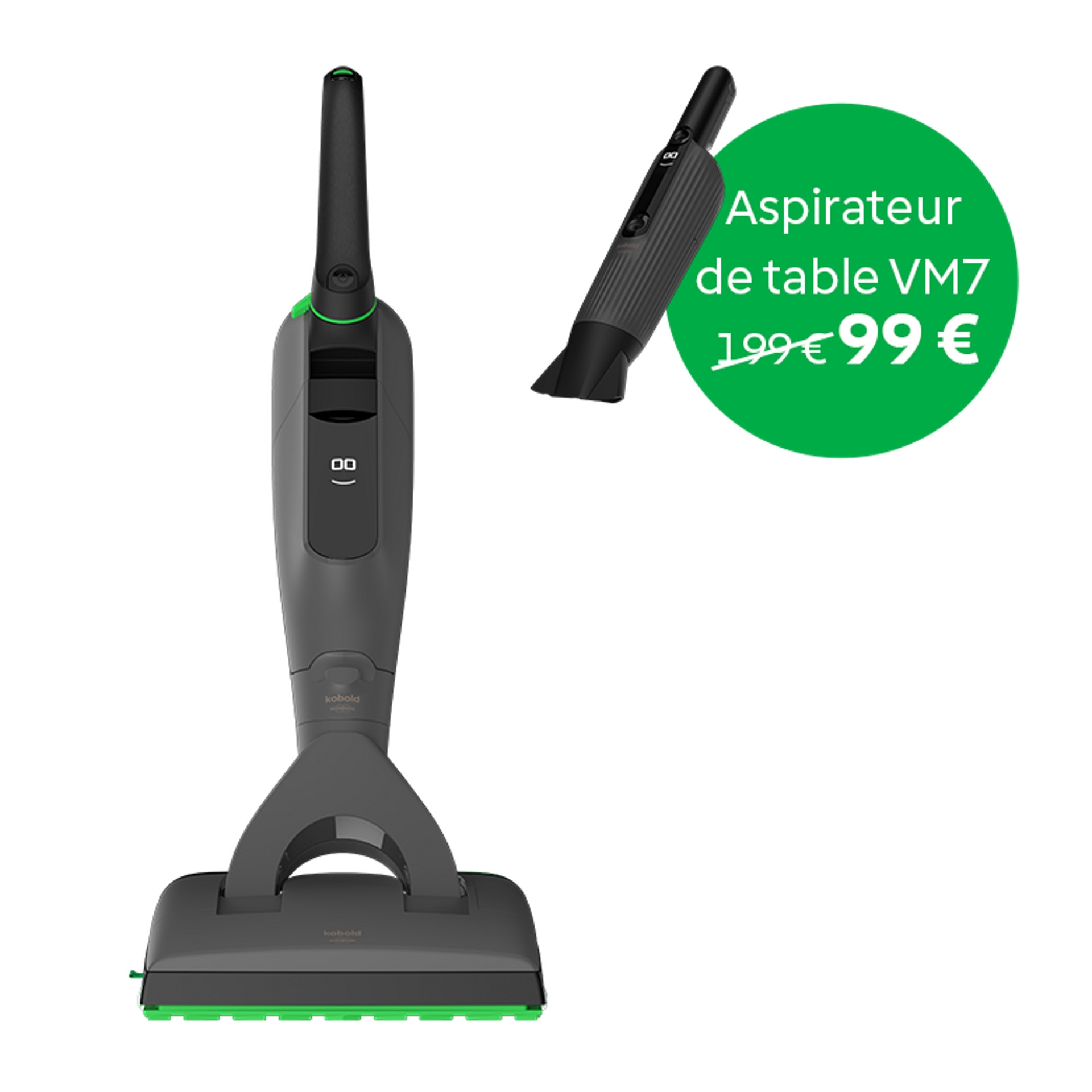 Aspirateur laveur sans fil Kobold VK7 avec brosse DuoSpeed SP7 noir et aspirateur de table Kobold VM7, prix VM7 en promotion.