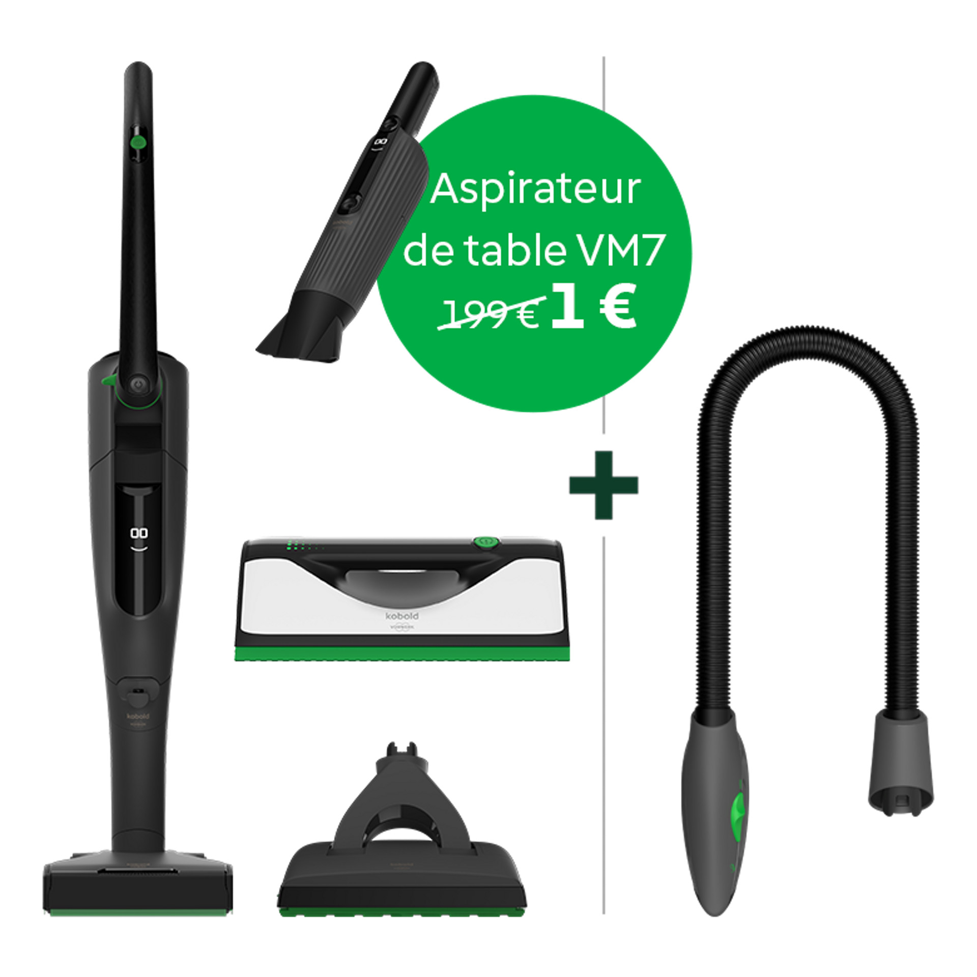 Aspirateur sans fil Kobold VK7, aspirateur de table Kobold VM7, nettoyeur de vitres Kobold VG100+, PB7, flexible, texte promotionnel en français avec réduction de prix.