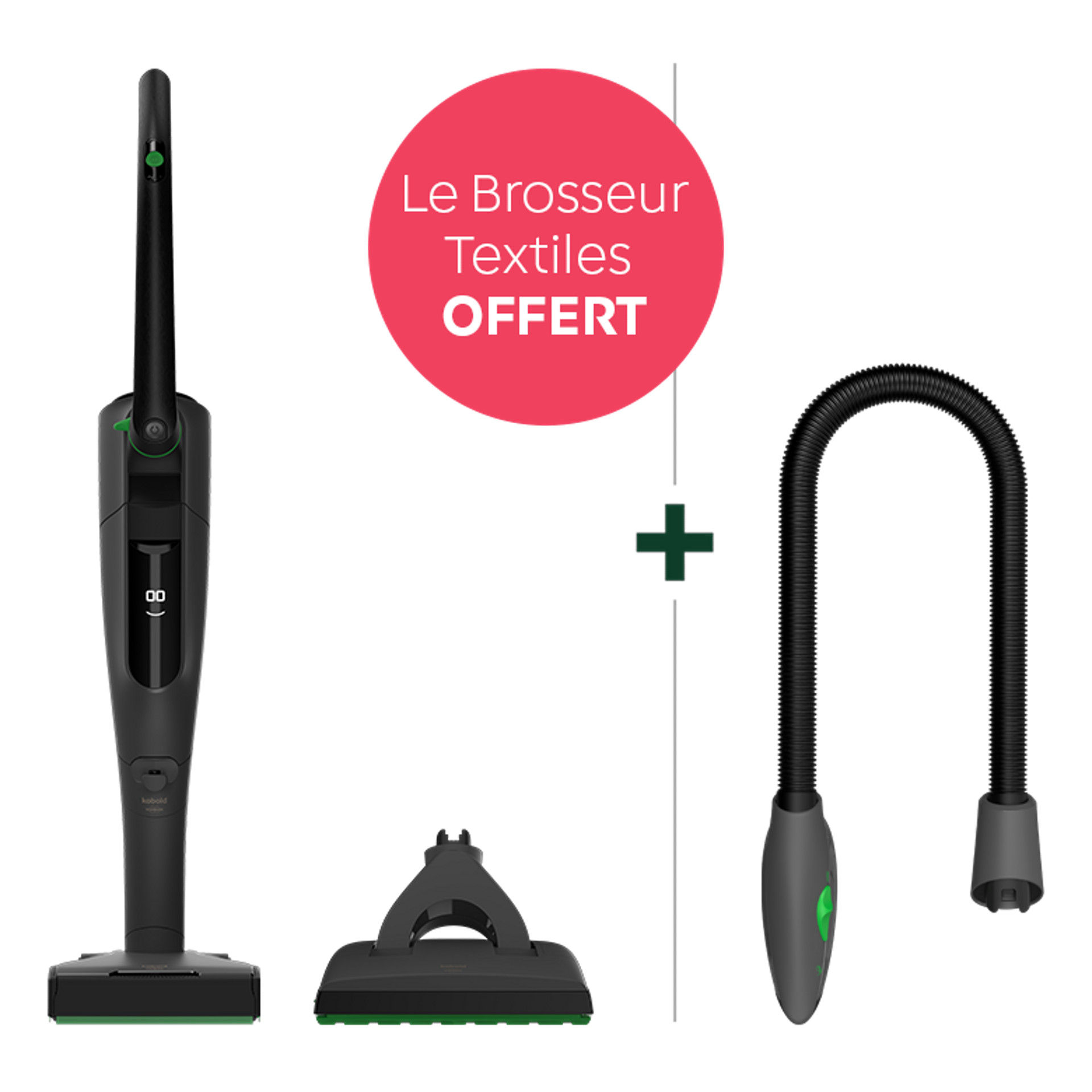 Aspirateur sans fil Kobold VK7 avec brosseur automatique EB7, brosse DuoSpeed SP7 et Brosseur Textile PB7. Texte promo: "Le Brosseur Textiles OFFERT".