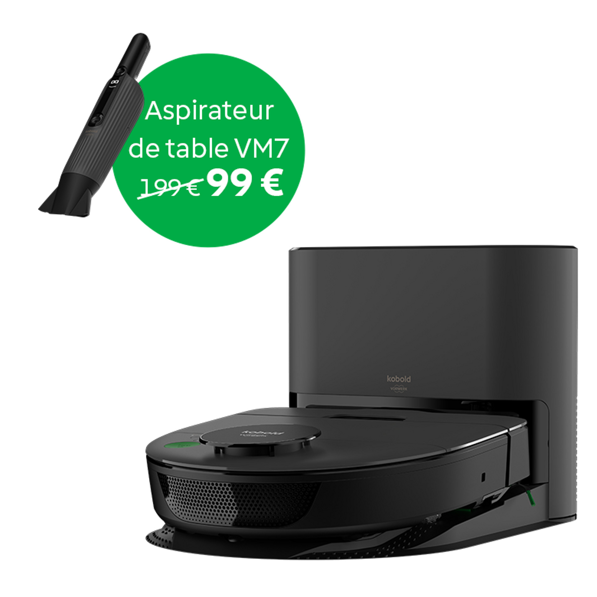 Aspirateur de table Kobold VM7 et robot aspirateur VR7 en noir; offre promotionnelle sur le VM7.