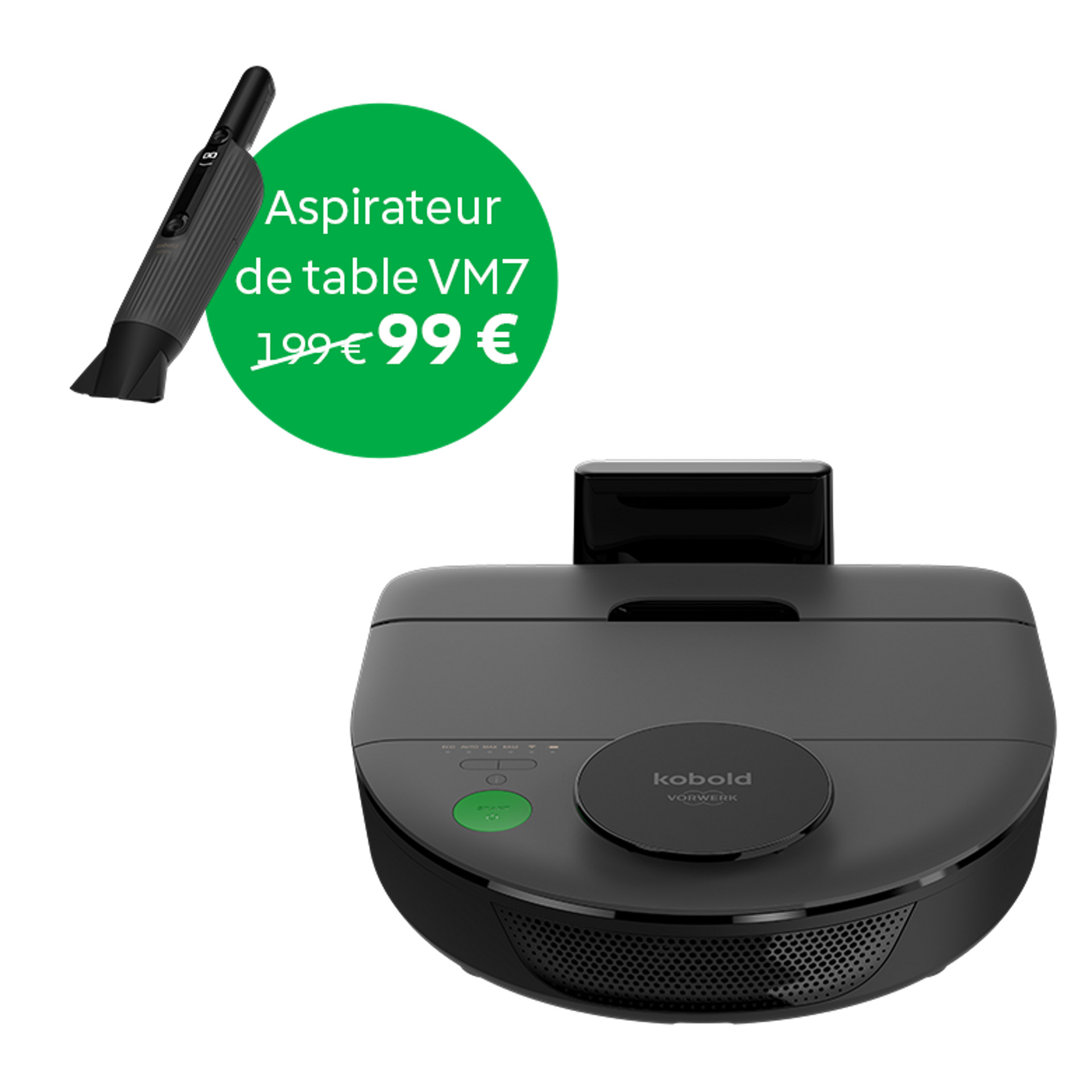Kobold VR7 et Kobold VM7 avec prix spécial 99 euros, affichés avec texte promotionnel en français.