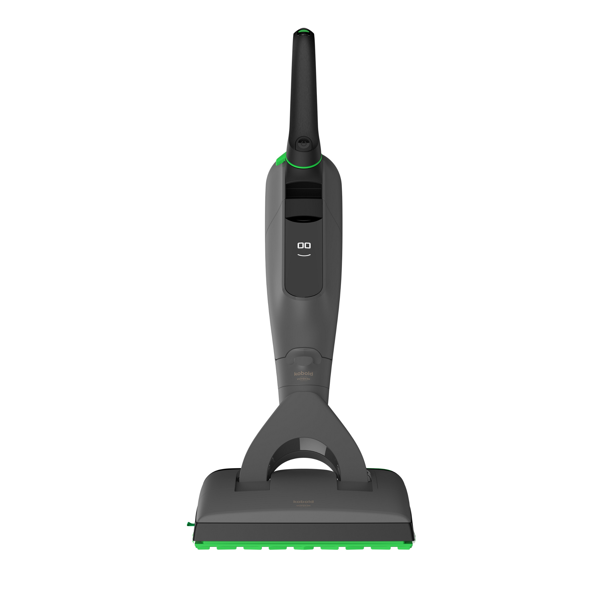 Aspirateur laveur sans fil Kobold VK7 avec brosse DuoSpeed SP7, édition noire, vue de face, affichage digital et accents verts.