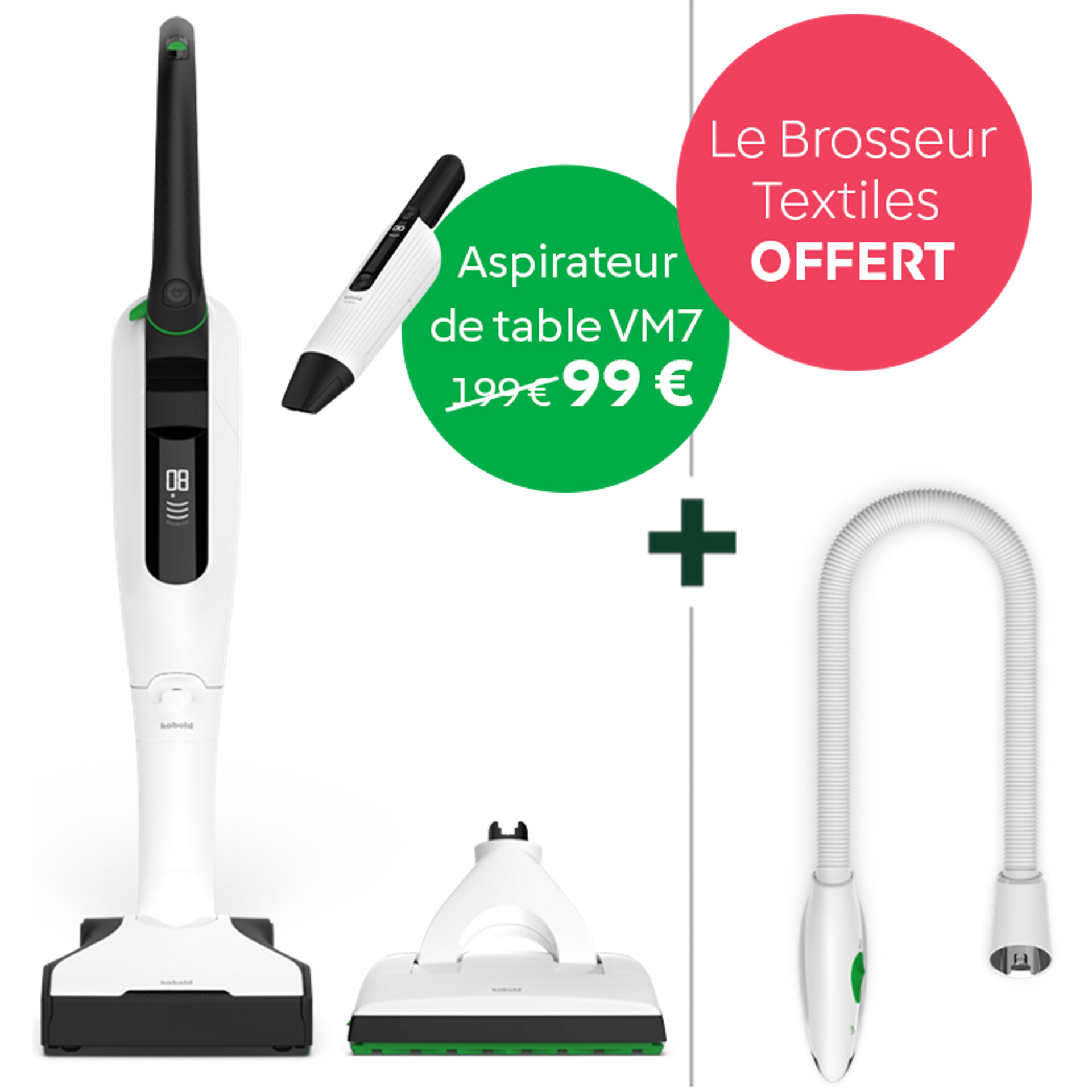 Aspirateur sans fil Kobold VK7, VM7, brosse DuoSpeed SP7 et Brosseur Textile PB7, avec texte et prix promo.