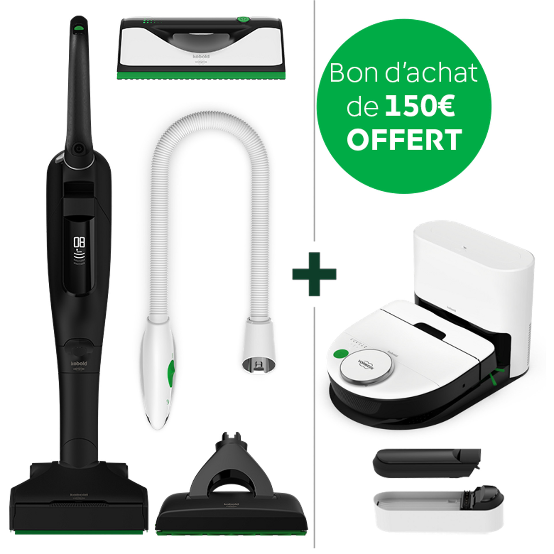 Aspirateur sans fil Kobold VK7 avec brosseur automatique EB7 Black Edition, PB7, VG100+ et robot aspirateur VR7 avec accessoires.