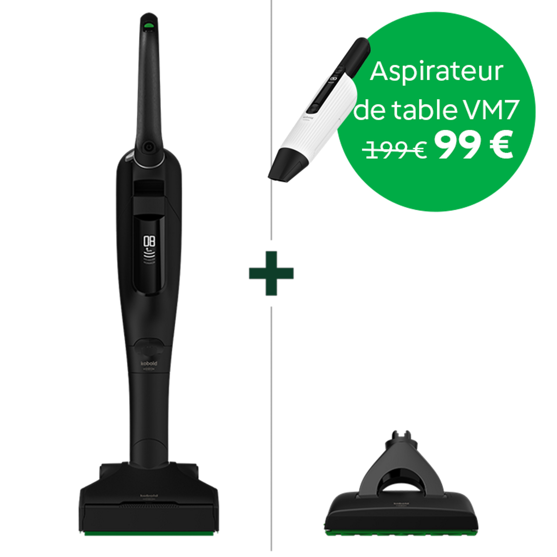 Aspirateur sans fil Kobold VK7 avec brosse DuoSpeed SP7 Special Edition Black, VM7, prix promo dans un cercle vert, plus au centre.
