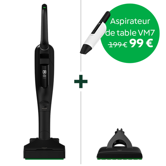 Aspirateur sans fil Kobold VK7 avec brosse DuoSpeed SP7 Special Edition Black VM7 prix promo dans un cercle vert plus au centre