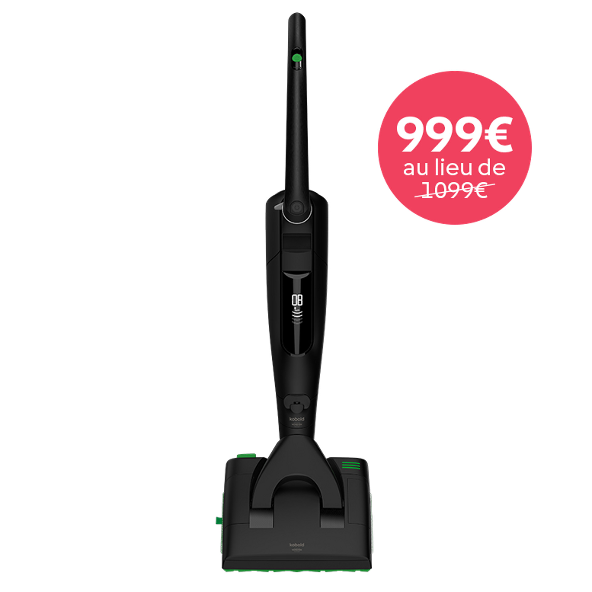 Aspirateur sans fil Kobold VK7 avec brosseur automatique EB7 Special Edition Black, vue de face, offre à 999 € au lieu de 1099 €.
