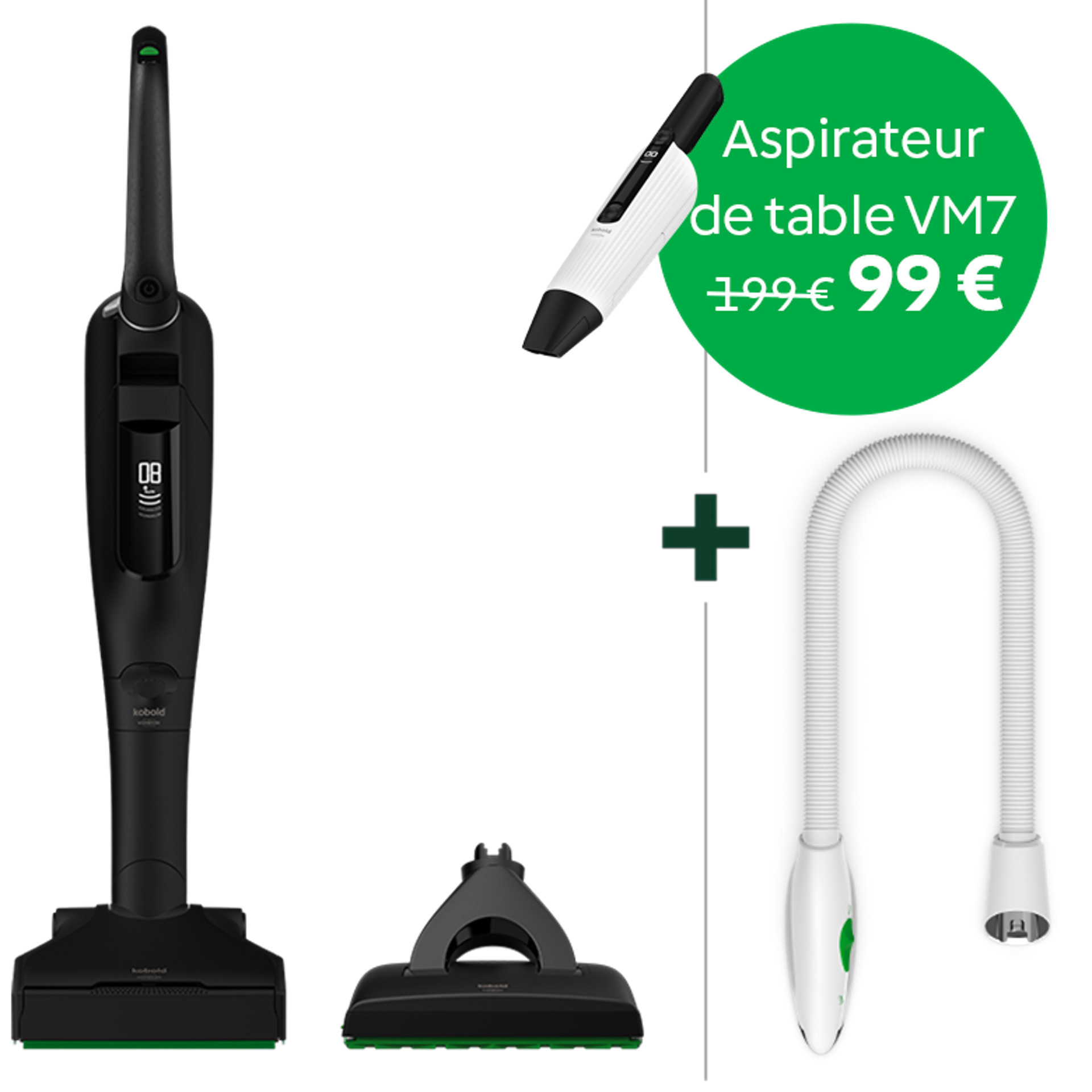 Aspirateur sans fil Kobold VK7 avec brosseur automatique EB7 noir, Kobold VM7, flexible et texte promo en français.