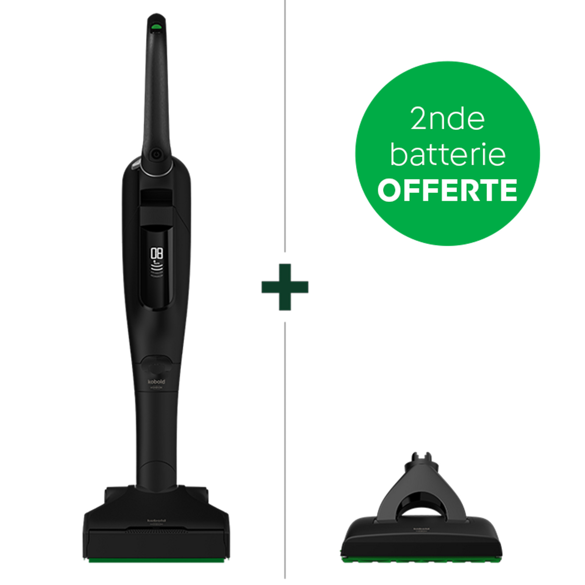 Aspirateur sans fil Kobold VK7 avec brosseur automatique EB7 et offre de seconde batterie gratuite affichée en vert.