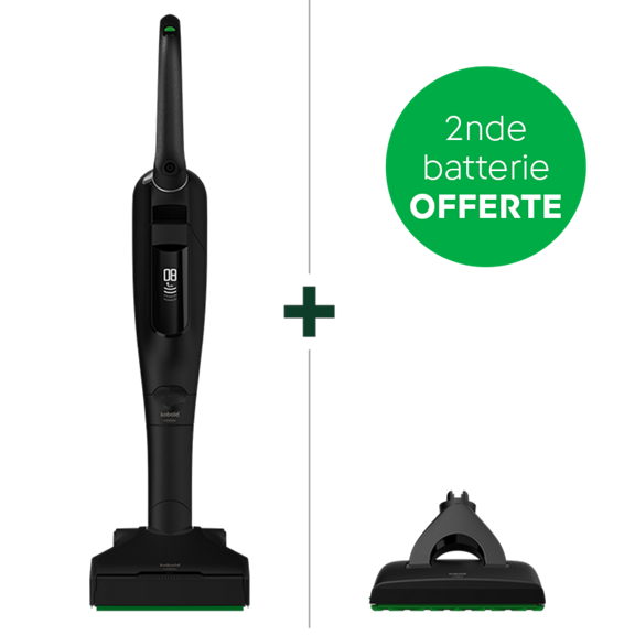 Aspirateur sans fil Kobold VK7 avec brosseur automatique EB7 et offre de seconde batterie gratuite affichée en vert