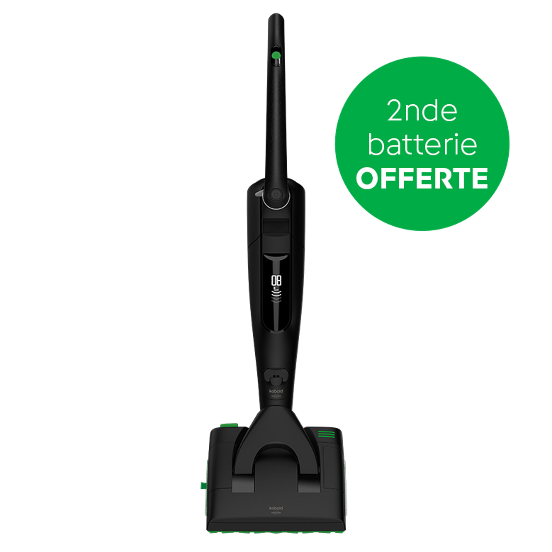 Aspirateur sans fil Kobold VK7 avec brosseur automatique EB7 noir, cercle vert à droite "2nde batterie OFFERTE".