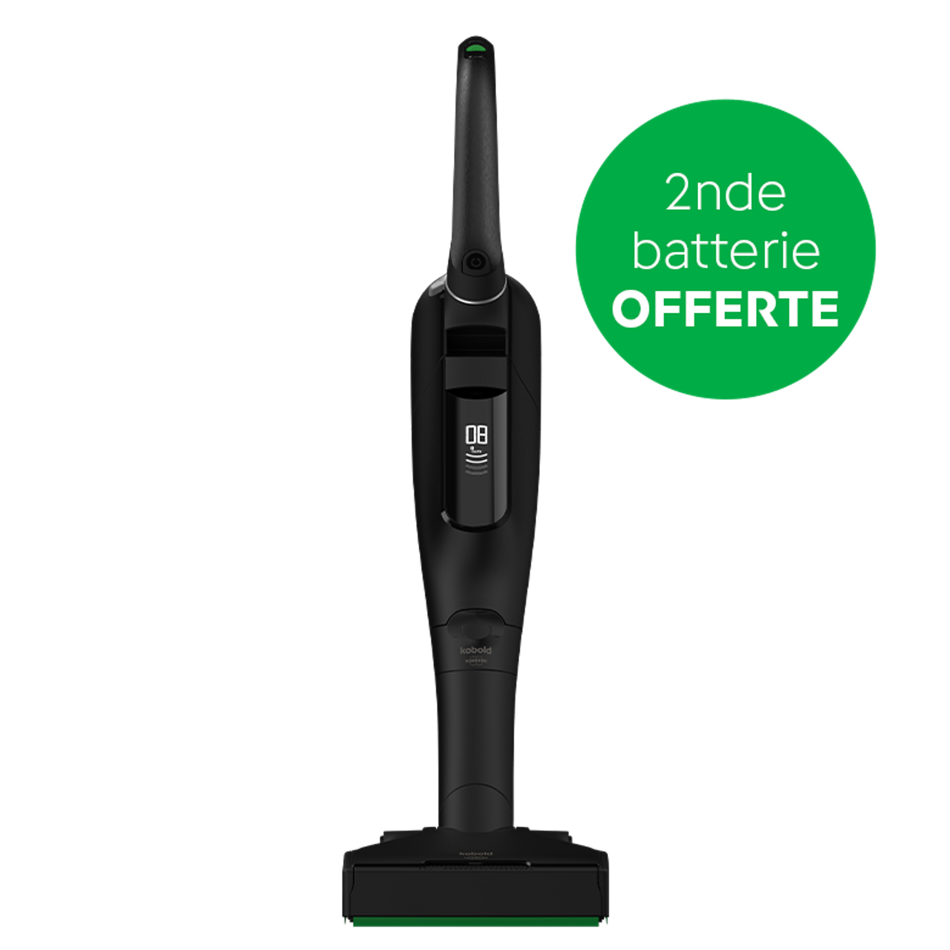 Aspirateur sans fil Kobold VK7 avec brosseur automatique EB7 noir, encadré offre batterie supplémentaire en vert.